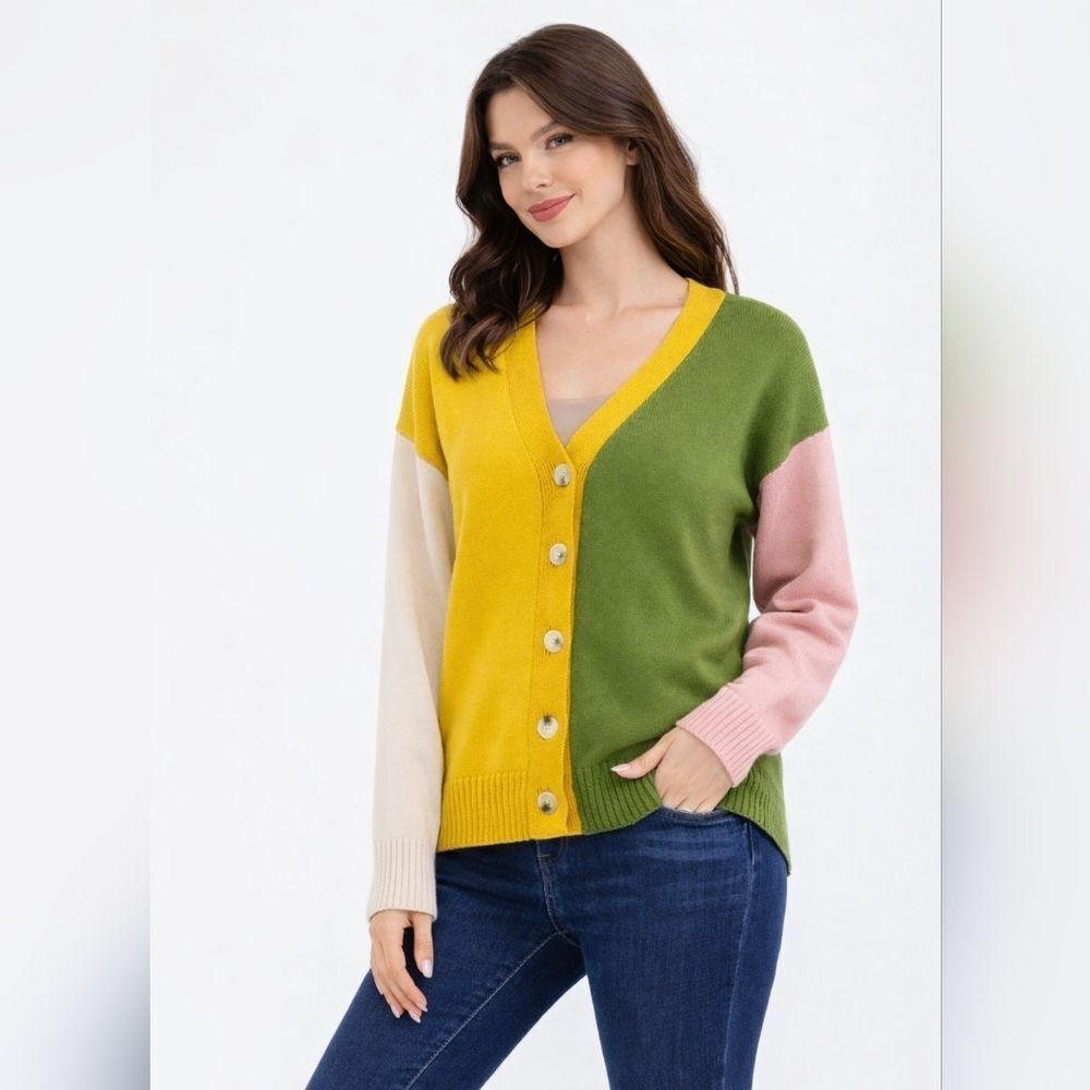 Women’s Colorblock V-Neck Button-Up Knit Sweater Cardigan